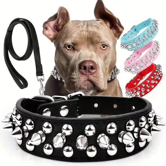 Premium Leather Dog Collar with Spikes and Leash Set